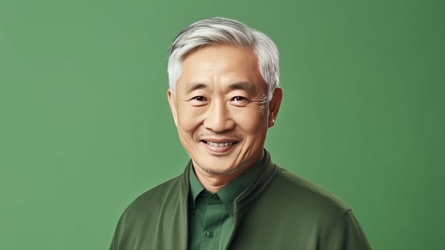 Elegant smiling elderly Asian man with gray hair, on a light green background, banner, copy space, portrait. Advertising of cosmetic products, spa treatments, shampoos and hair care products, dentistry and medicine, perfumes and cosmetology for men