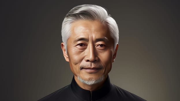 Elegant smiling elderly Asian man with gray hair, on a gray background, banner, copy space, portrait. Advertising of cosmetic products, spa treatments, shampoos and hair care products, dentistry and medicine, perfumes and cosmetology for men