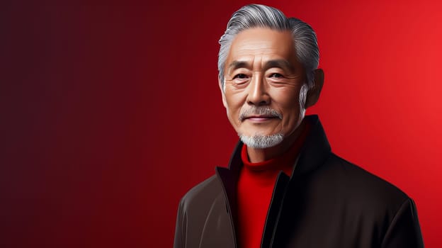 Elegant smiling elderly Asian man with gray hair, on a red background, banner, copy space, portrait. Advertising of cosmetic products, spa treatments, shampoos and hair care products, dentistry and medicine, perfumes and cosmetology for men