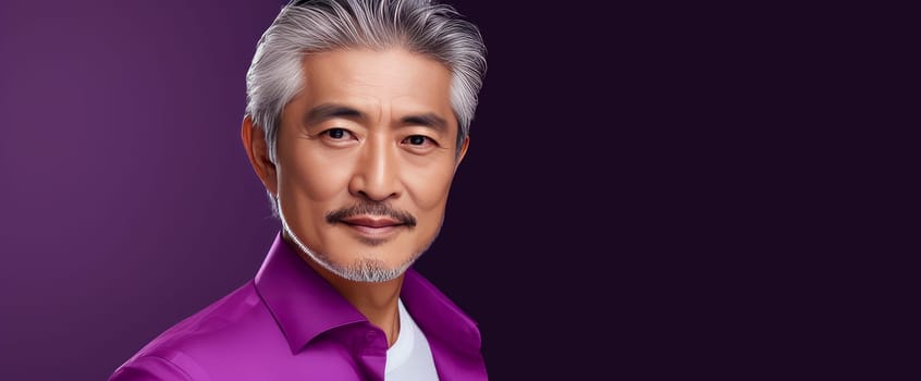 Elegant smiling elderly Asian man with gray hair, on purple background, banner, copy space, portrait. Advertising of cosmetic products, spa treatments, shampoos and hair care products, dentistry and medicine, perfumes and cosmetology for men