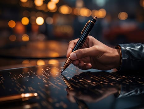 Male hand makes notes on a multimedia black board, close-up of hand without face with working notebook at wooden table. Finance and accounting for a successful business strategy AI