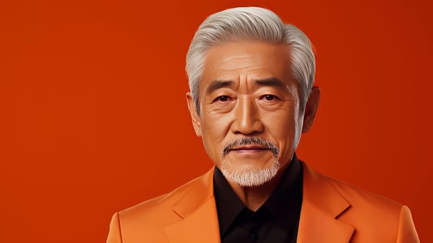 Elegant smiling elderly Asian man with gray hair, on an orange background, banner, copy space, portrait. Advertising of cosmetic products, spa treatments, shampoos and hair care products, dentistry and medicine, perfumes and cosmetology for men