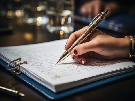 Female hand makes notes in notebook, close-up of hand without face with working notebook at wooden table. Finance and accounting for a successful business strategy AI