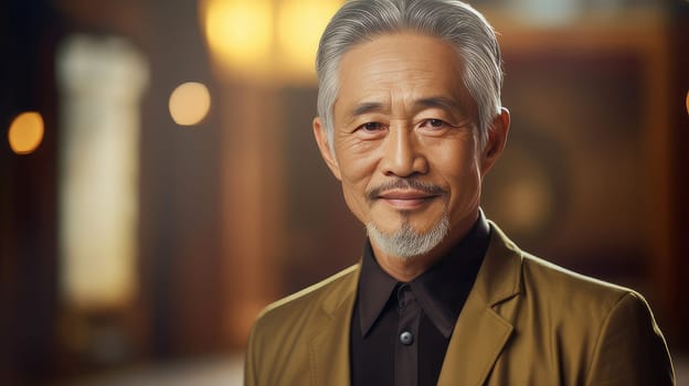 Elegant smiling elderly Asian man with gray hair, on a gold background, banner, copy space, portrait. Advertising of cosmetic products, spa treatments, shampoos and hair care products, dentistry and medicine, perfumes and cosmetology for men