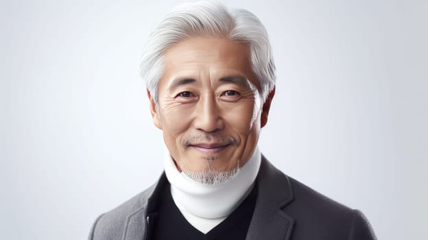 Elegant smiling elderly Asian man with gray hair, on a white background, banner, copy space, portrait. Advertising of cosmetic products, spa treatments, shampoos and hair care products, dentistry and medicine, perfumes and cosmetology for men