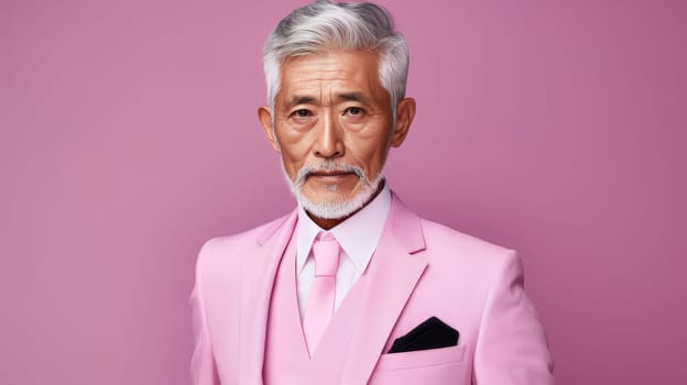 Elegant smiling elderly Asian man with gray hair, on a pink background, banner, copy space, portrait. Advertising of cosmetic products, spa treatments, shampoos and hair care products, dentistry and medicine, perfumes and cosmetology for men