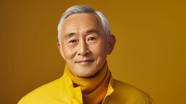 Elegant smiling elderly Asian man with gray hair, on a yellow background, banner, copy space, portrait. Advertising of cosmetic products, spa treatments, shampoos and hair care products, dentistry and medicine, perfumes and cosmetology for men