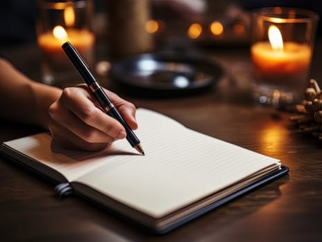 Female hand makes notes in blank notebook, close-up of hand without face with working notebook at wooden table. Finance and accounting for a successful business strategy AI