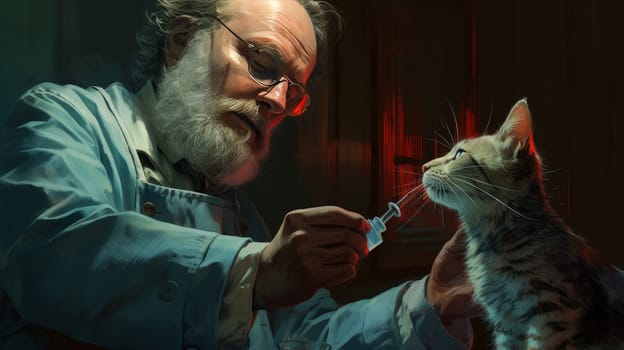 An elderly veterinarian with gray hair takes tests from a cat in the clinic. Concept of care and care for pets