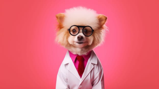 A small dog in a doctor's coat, glasses and a stethoscope on a pink background. Pet care and grooming concept