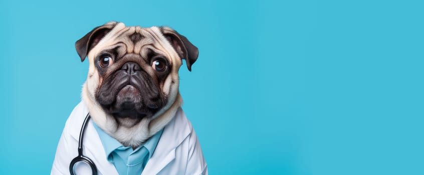A dog with glasses, a stethoscope and a doctor's suit on a blue background.