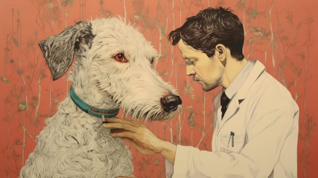 Cute veterinarian examining a dog in the clinic for diseases. Pet care and grooming concept.