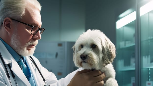 A cute veterinarian examines the dog, takes the temperature and takes tests at the clinic for diseases. Pet care and grooming concept.