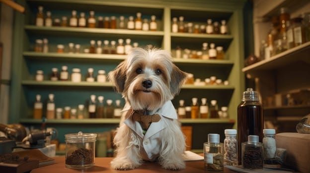 A cat in a doctor's dog sits at the table and prescribes medications at a veterinary pharmacy. Concept of care and care for pets