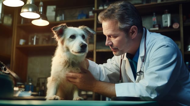 A cute veterinarian examines the dog, takes the temperature and takes tests at the clinic for diseases. Pet care and grooming concept.