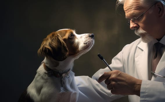 A cute veterinarian examines the dog, takes the temperature and takes tests at the clinic for diseases. Pet care and grooming concept.