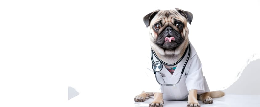 A dog with glasses, a stethoscope and a doctor's suit on a white background. Pet care and grooming concept. Banner