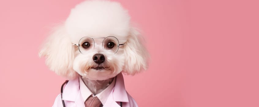 White dog with a stethoscope and a doctor's suit on a pink background. Pet care and grooming concept. Banner