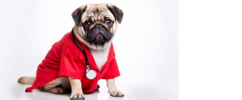 A dog with glasses, with a stethoscope in a red jacket and a doctor's suit against the white background. Pet care and grooming concept.