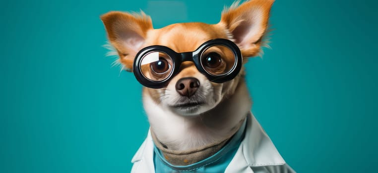 A dog with glasses, a stethoscope and a doctor's suit on a blue background.