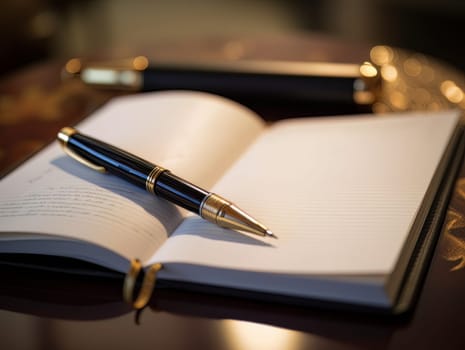 Notepad and pen for writing, stationery on wooden office table. Finance and accounting for a successful business strategy AI