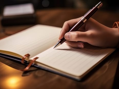 Male hand makes notes in blank notebook, close-up of hand without face with working notebook at wooden work table. Finance and accounting for a successful business strategy AI