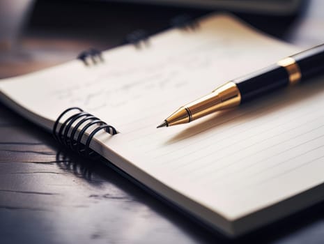 Notepad and pen for writing, stationery on wooden office table. Finance and accounting for a successful business strategy AI