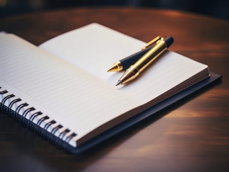 Notepad and pen for writing, stationery on wooden office table. Finance and accounting for a successful business strategy AI