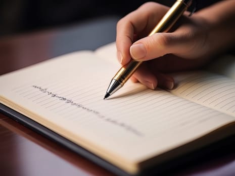 Male hand makes notes in blank notebook, close-up of hand without face with working notebook at wooden work table. Finance and accounting for a successful business strategy AI