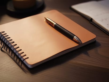 Notepad and pen for writing, stationery on wooden office table. Finance and accounting for a successful business strategy AI