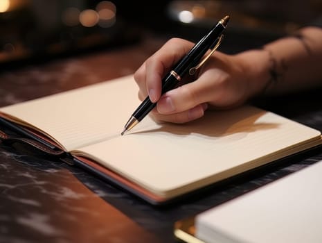 Male hand makes notes in blank notebook, close-up of hand without face with working notebook at wooden work table. Finance and accounting for a successful business strategy AI