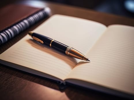 Notepad and pen for writing, stationery on wooden office table. Finance and accounting for a successful business strategy AI