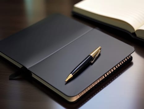 Notepad and pen for writing, stationery on wooden office table. Finance and accounting for a successful business strategy AI