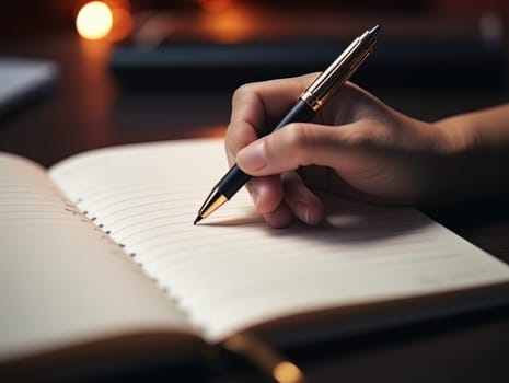 Male hand makes notes in blank notebook, close-up of hand without face with working notebook at wooden table. Finance and accounting for a successful business strategy AI