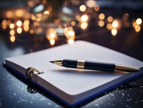 Notepad and pen for writing, stationery on wooden office table. Finance and accounting for a successful business strategy AI