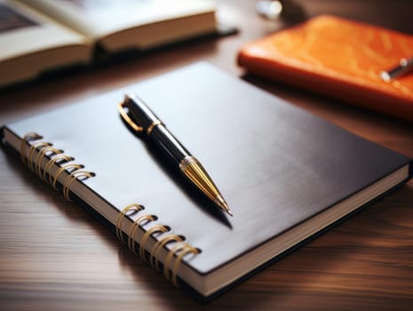 Notepad and pen for writing, stationery on wooden office table. Finance and accounting for a successful business strategy AI