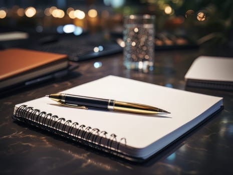 Notepad and pen for writing, stationery on wooden office table. Finance and accounting for a successful business strategy AI