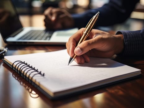 Male hand makes notes in blank notebook, close-up of hand without face with working notebook at wooden table. Finance and accounting for a successful business strategy AI