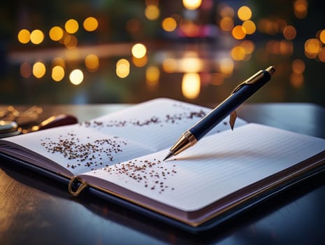 Notepad and pen for writing, stationery on wooden office table. Finance and accounting for a successful business strategy AI