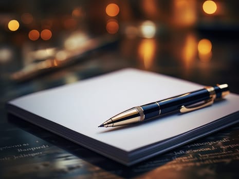 Notepad and pen for writing, stationery on wooden office table. Finance and accounting for a successful business strategy AI