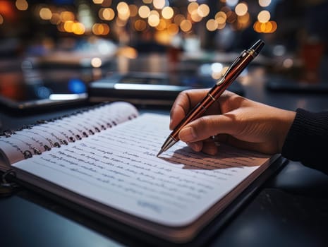 Male hand makes notes in blank notebook, close-up of hand without face with working notebook at wooden table. Finance and accounting for a successful business strategy AI