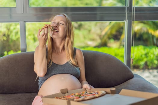 A pregnant woman enjoys a slice of pizza, savoring a moment of indulgence while satisfying her craving for a delightful, comforting treat. Excited Pregnant Young Lady Enjoying Pizza Holding Biting Tasty Slice Posing With Carton Box. Junk Food Lover Eating Italian Pizza. Unhealthy Nutrition Cheat Meal.