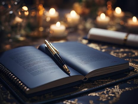 Notepad and pen for writing, stationery on wooden office table. Finance and accounting for a successful business strategy AI