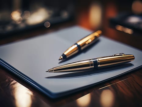 Notepad and pen for writing, stationery on wooden office table. Finance and accounting for a successful business strategy AI