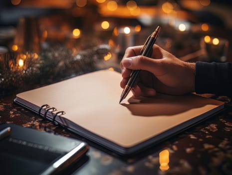 Male hand makes notes in blank notebook, close-up of hand without face with working notebook at wooden table. Finance and accounting for a successful business strategy AI