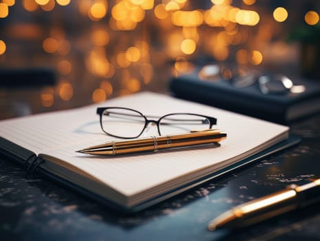 Notepad, glasses and pen for writing, stationery on wooden office table. Finance and accounting for a successful business strategy AI