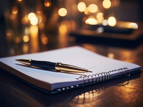 Notepad and pen for writing, stationery on wooden office table. Finance and accounting for a successful business strategy AI