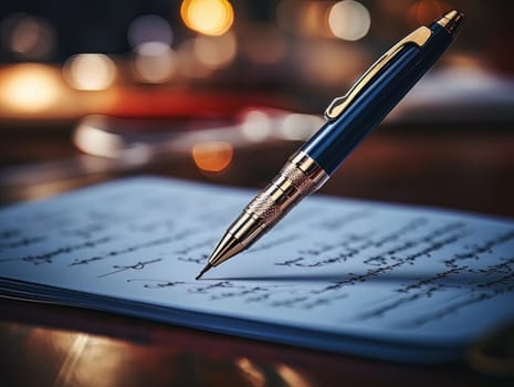 Notepad and pen for writing, stationery on wooden office table. Finance and accounting for a successful business strategy AI