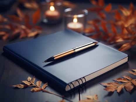 Notepad and pen for writing, stationery on wooden office table. Finance and accounting for a successful business strategy AI