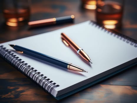 Notepad and pen for writing, stationery on wooden office table. Finance and accounting for a successful business strategy AI